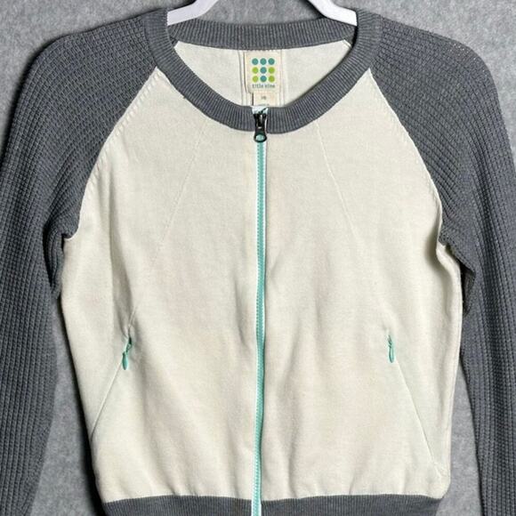 Title Nine Sz XS Full Zip Mobetta 70 Sweatshirt Thermal Sleeves Gray Cream cozy - Picture 7 of 10